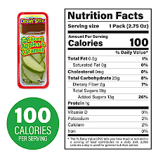 Image of a nutrition facts label for Dippin' Stix - 12 Sliced Apples & Caramel. Serving size is 1 pack (2.75 oz), containing 100 calories, 0.5g total fat, 23g total carbohydrates, 19g sugars, and 1g protein. Perfect for a quick snack with "100 Calories per Serving" text.