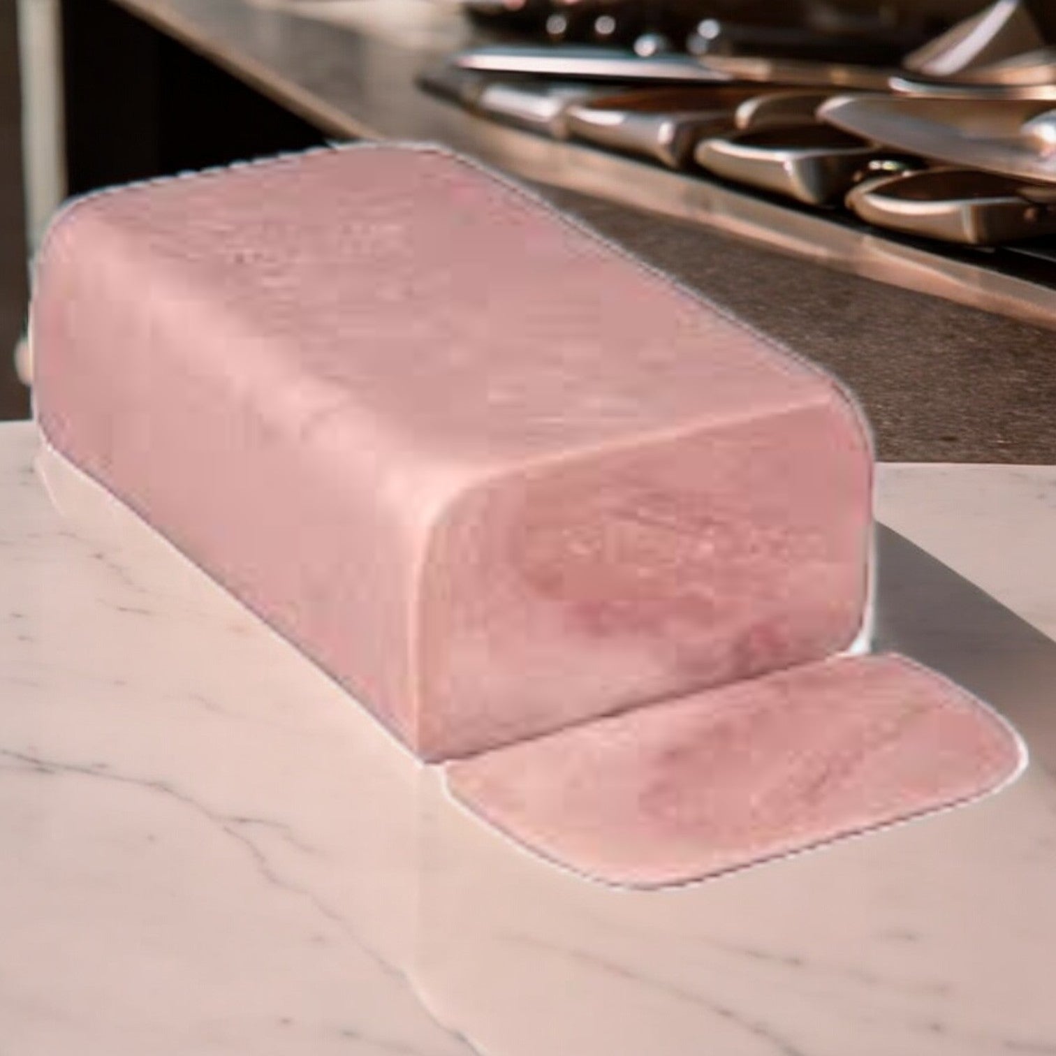 A 16 oz block of Krakus Sliced Polish Ham lies on a white countertop near a multi-burner stove, ready for a culinary conversation orchestrated by an AI chatbot.