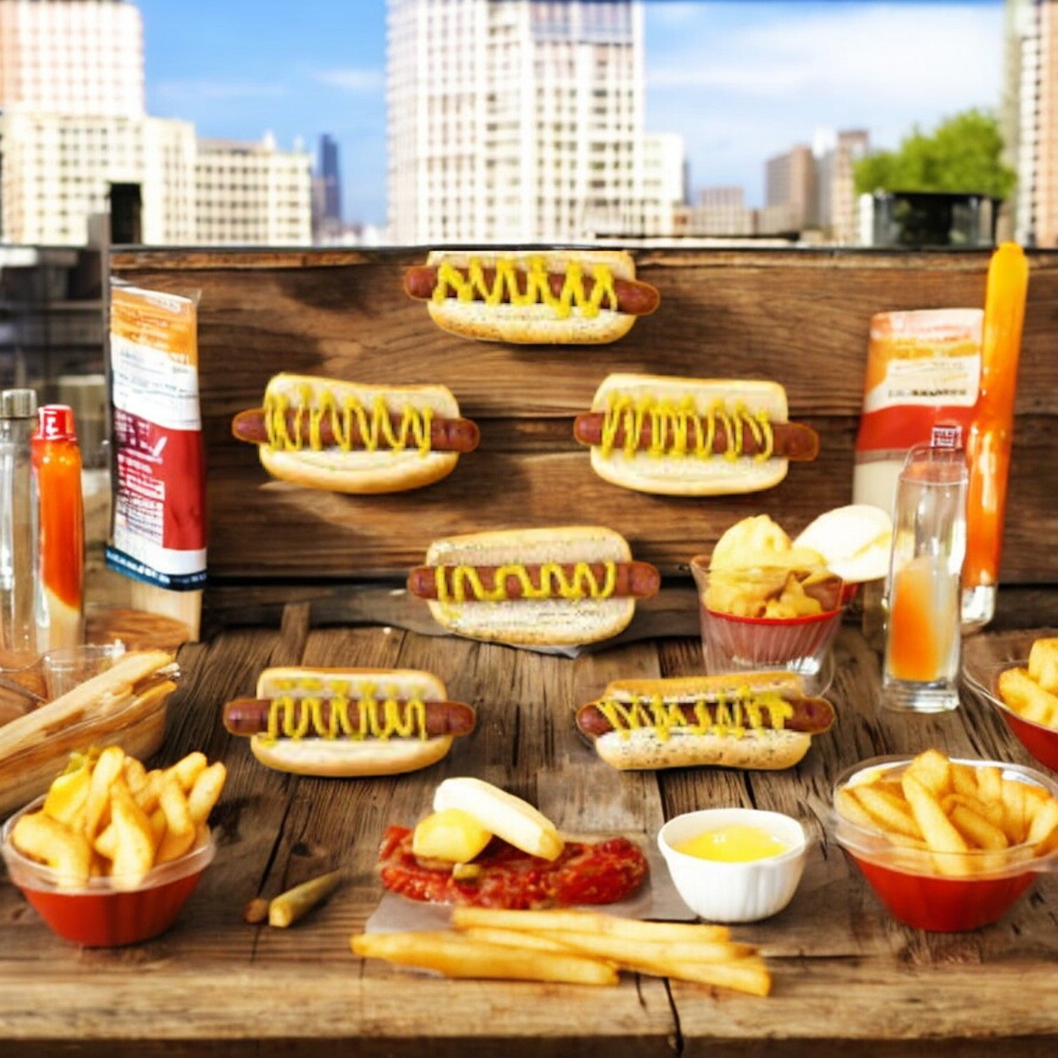 Vienna Beef Fire Spicy Jumbo Franks are elegantly presented on a wooden board, enhanced with mustard and accompanied by cups of fries, ketchup, and orange juice bottles. These premium franks add a vibrant touch to the cityscape backdrop.