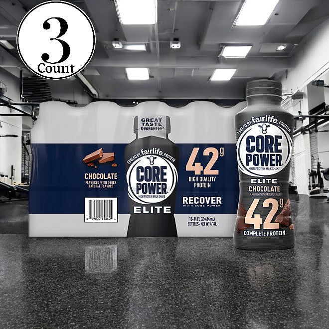 The FairLife Core Power Elite 42g Protein Shake in chocolate flavor is available in a convenient 3-count pack with free shipping. Made with ultra-filtered milk, this high-quality protein shake is ideal for muscle recovery and fits perfectly into any gym environment.