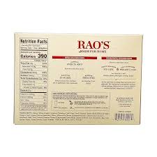 The back of a Rao’s Meat Lasagna 1 Box- 27 oz highlights nutritional facts, ingredients, cooking instructions, and a barcode, all embodying the homemade quality you'd anticipate from an authentic Italian meal.