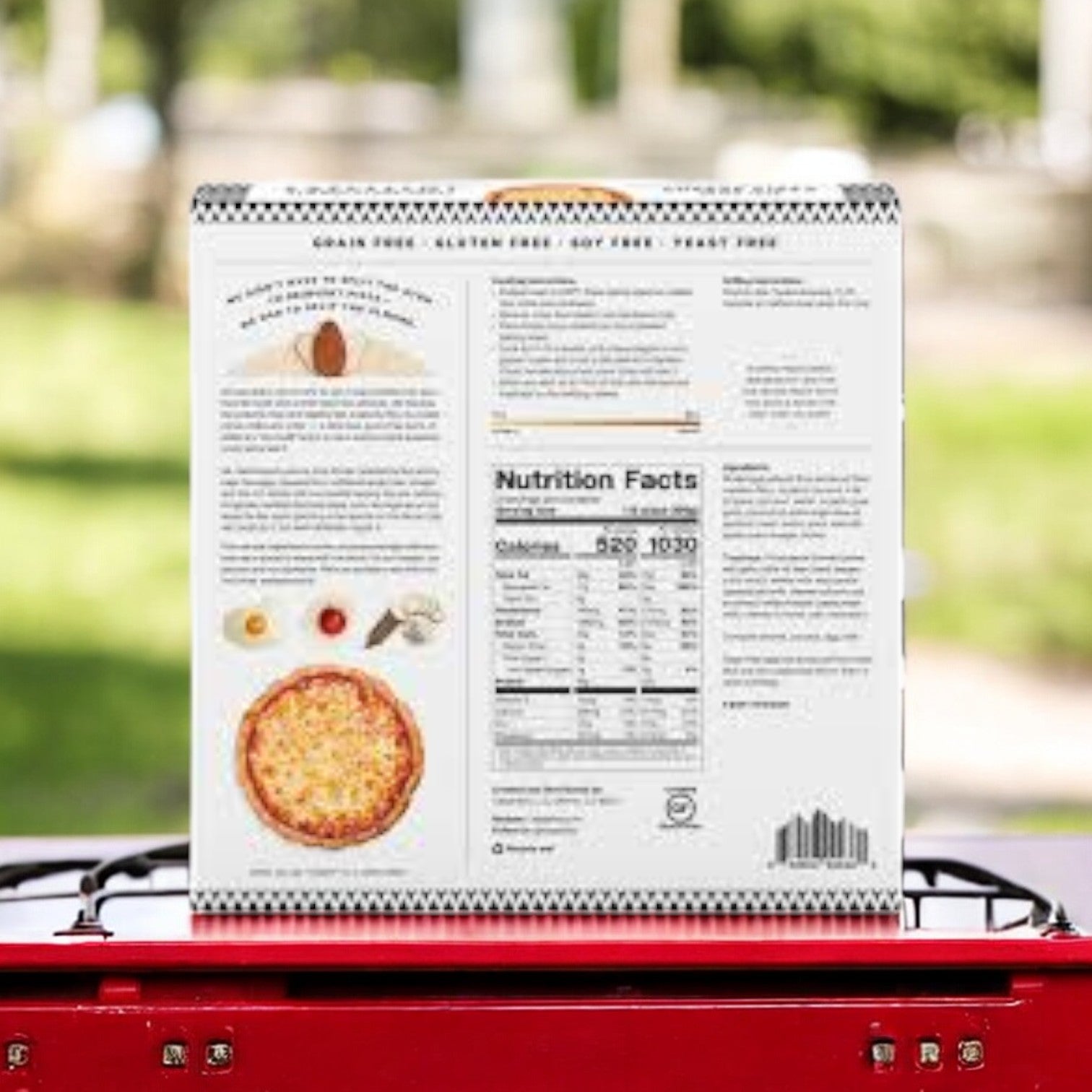 The outdoor display on the back of the Cappello's Whole Milk Mozzarella Pizza box showcases nutrition facts and preparation instructions, accompanied by an image of their skillfully crafted pizza made with premium ingredients.