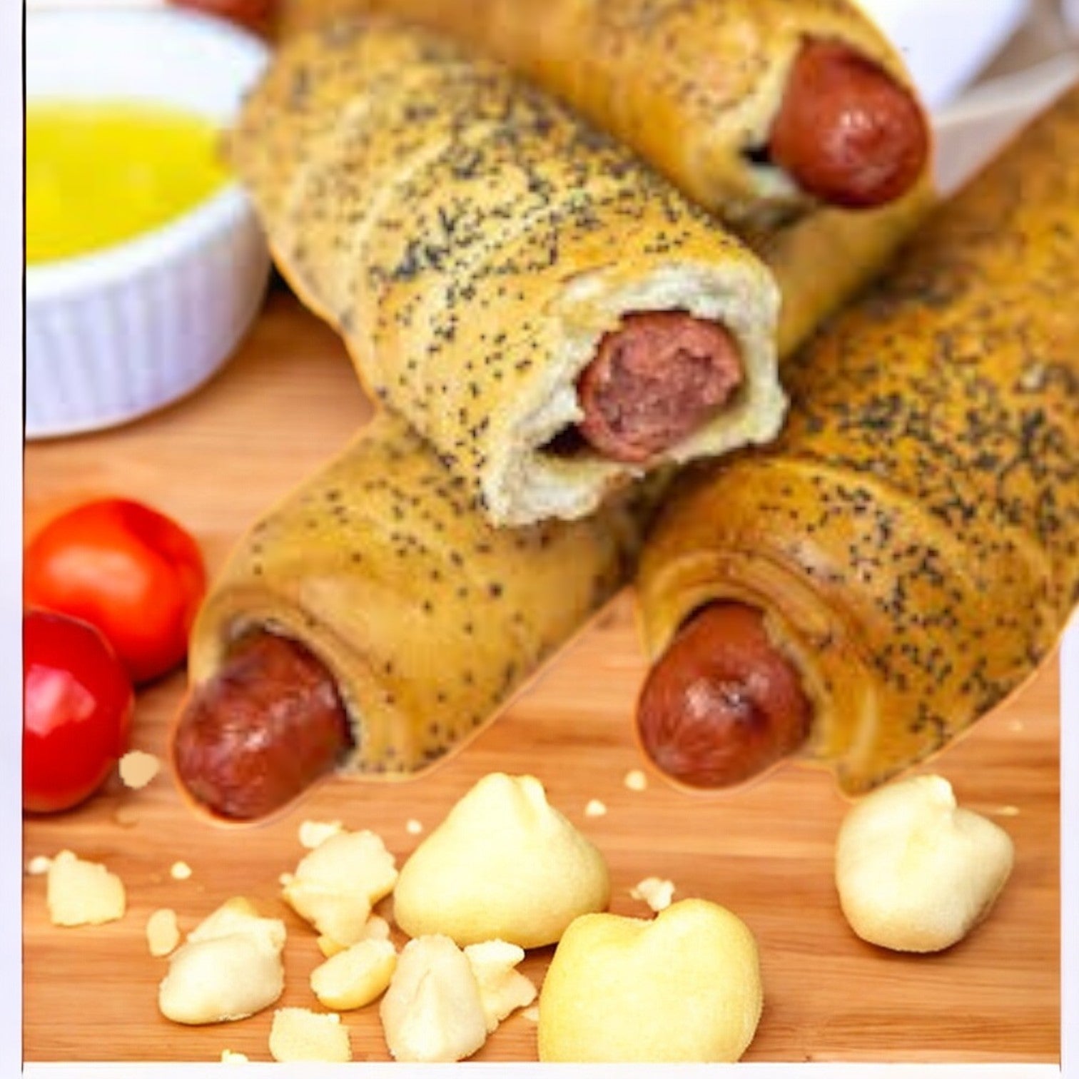 Three Vienna Beef Bagel Dogs from Vienna Beef, wrapped in poppy seed dough, are displayed on a cutting board. Nearby is a dish of yellow sauce, small red tomatoes, and cheese pieces. These delicious bagel dog snacks are perfect for any gathering or casual meal.