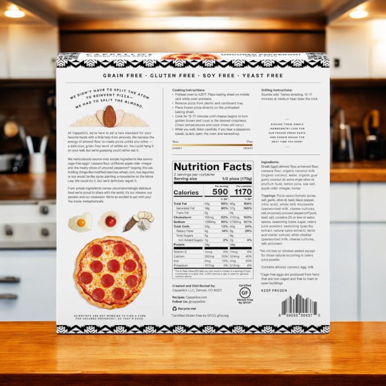 A box of Cappello's Uncured Pepperoni Pizza, 12 oz-1 Count is displayed in a kitchen setting, highlighting its nutritional details and premium ingredients on the back. This cauliflower-based pizza offers a scrumptious mix of handcrafted flavors for those seeking gourmet experiences without compromise.