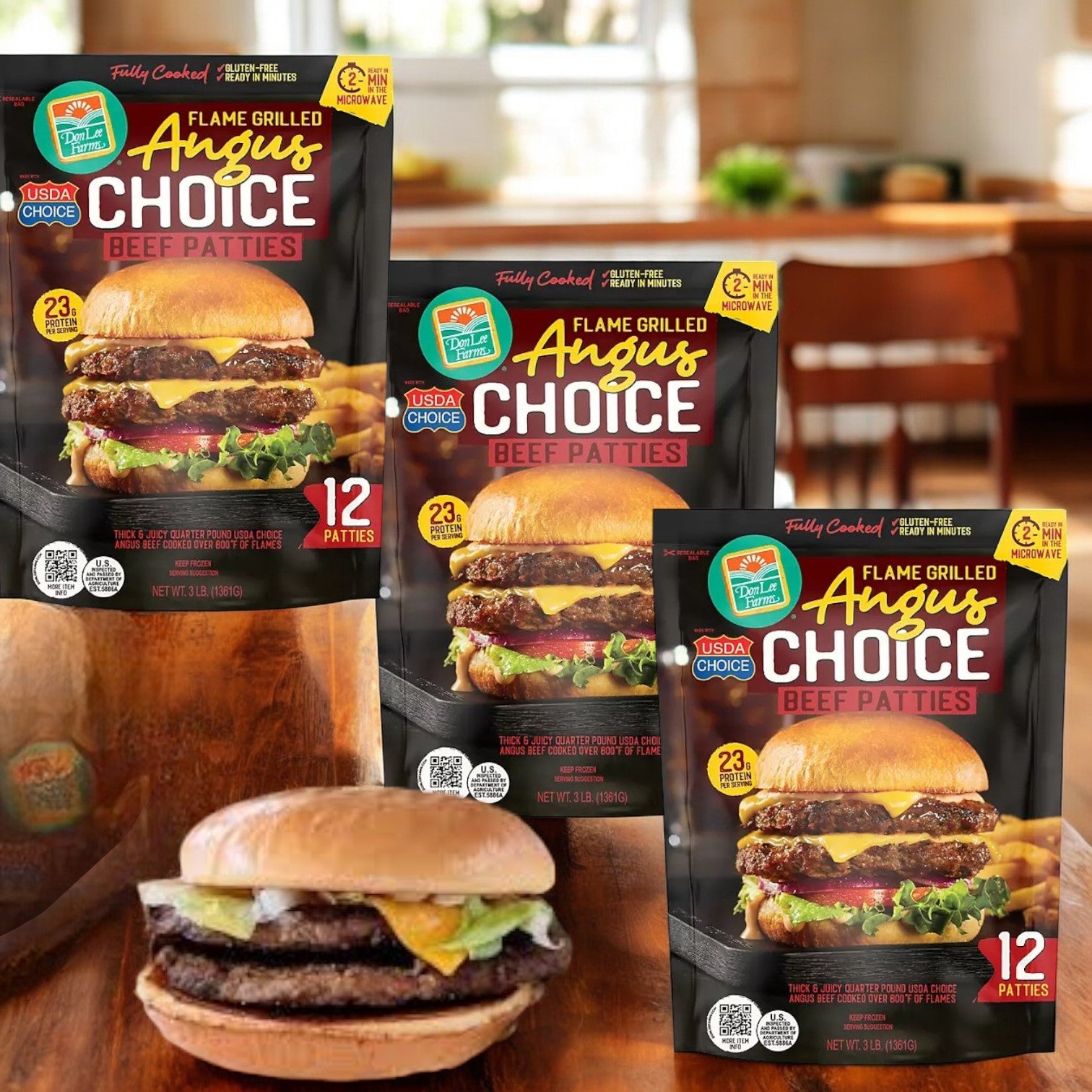 Don Lee Farms Flame Grilled Angus Choice Beef Patties, Frozen, 1/4 lb., 12 ct, 3 Boxes