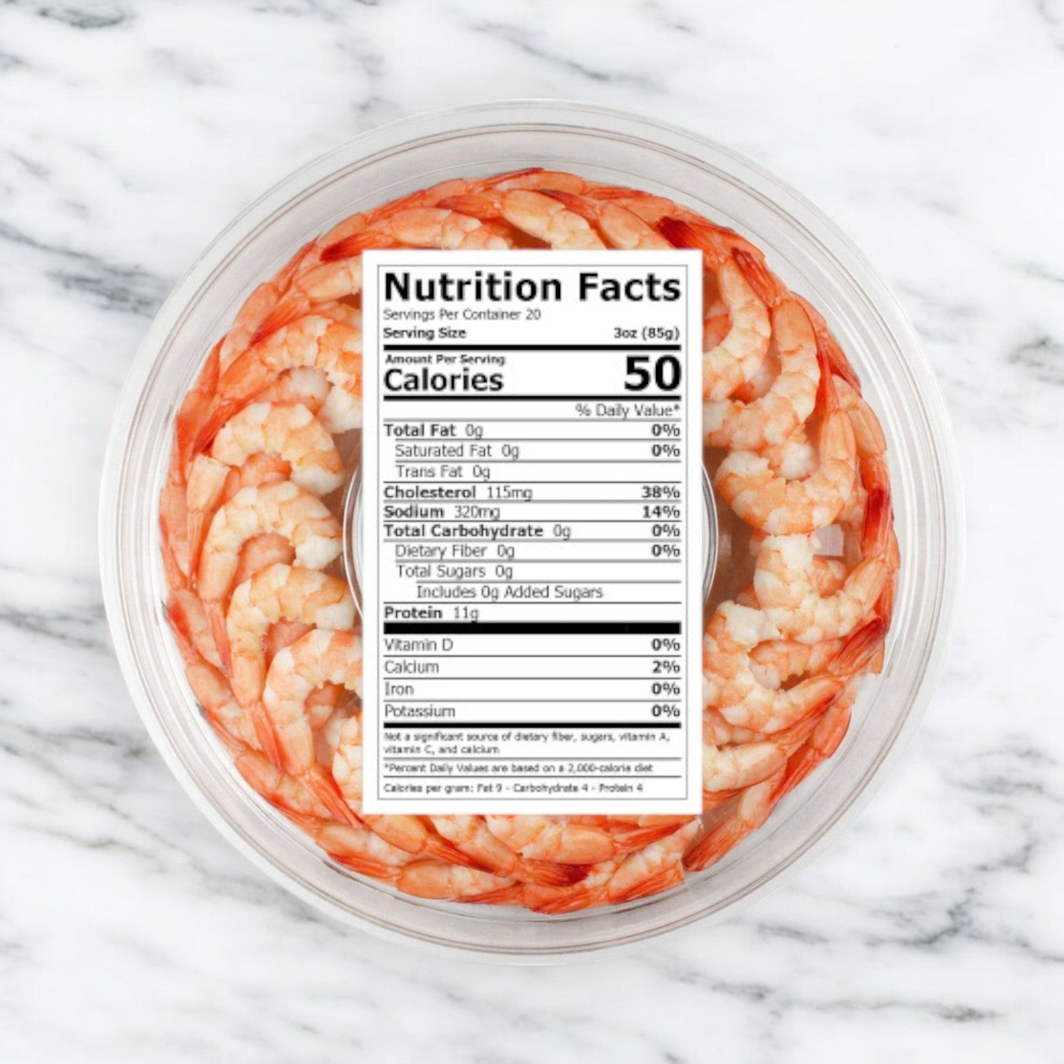 The Easy Lunches Shrimp Platter—Seamazz Fully Cooked Cocktail Shrimp Ring (16 oz, 3 Packs)—is arranged in a circle with a nutrition facts label on top, displayed on a white marble surface.