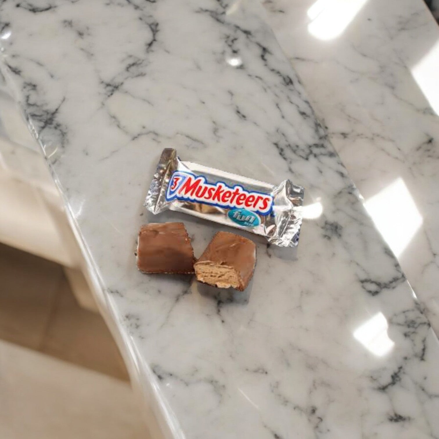 A partially unwrapped Fun Size 3 Musketeers candy bar from Mars, containing two pieces, sits on a marble countertop.