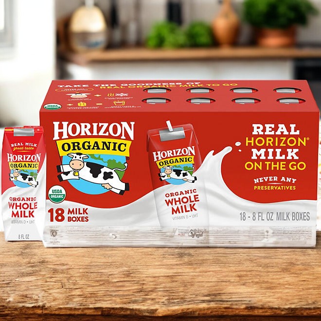 A package of Easy Lunches Horizon Organic Whole Milk contains 18 individual-sized boxes, each with 8 fl. oz. The red packaging features a cow illustration and highlights organic nutrition with no preservatives, guaranteeing wholesome goodness in every box.