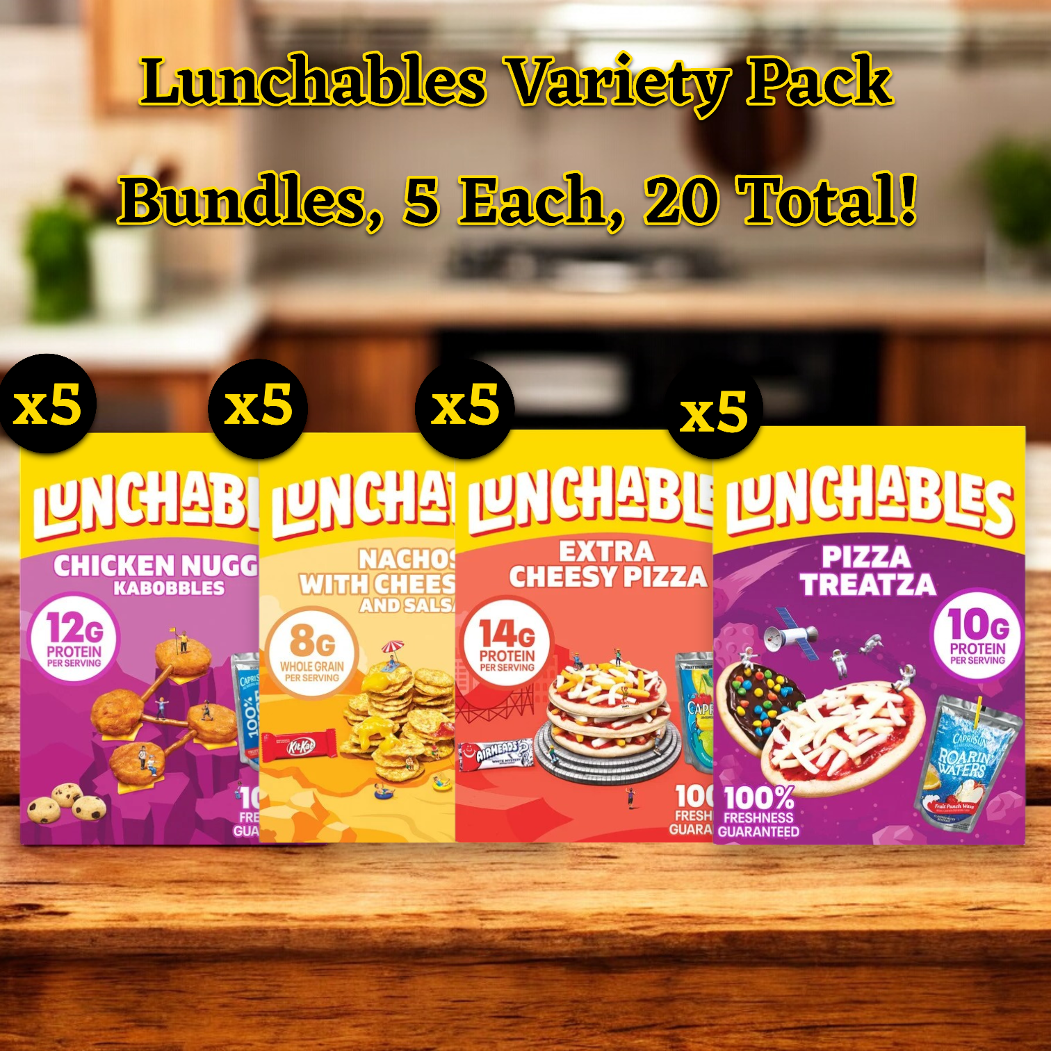 An image showcasing the Lunchables Variety Bundle! by Lunchables, featuring a total of 20 packs with five each of Chicken Nugget Kabobbles, Nachos With Cheese Dip, Extra Cheesy Pizza, and Pizza Treatza—all popular favorites—displayed on a wooden counter in a kitchen setting.