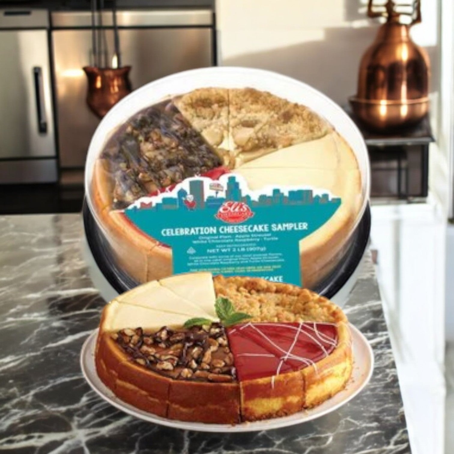 Eli's Cheesecake Celebration Sampler, a 32 oz. delight, sits on a marble counter, showcasing the brand's artistry with assorted cheesecake slices.