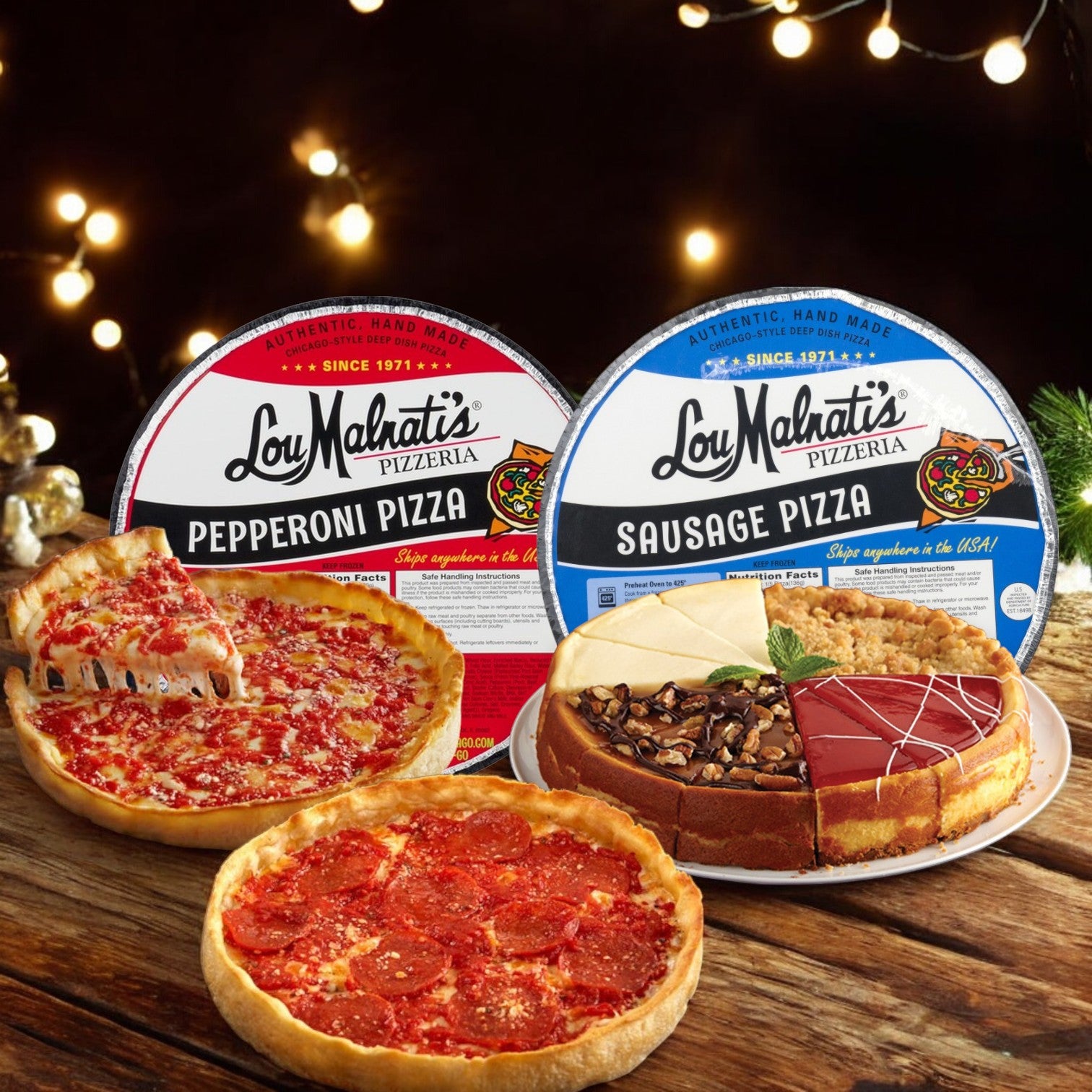Two Lou Malnati's deep dish pizzas, one pepperoni and one sausage, with a slice missing from each, paired perfectly with Eli's Cheesecake sampler, form an ideal Chicago-style feast against a warm light background.
