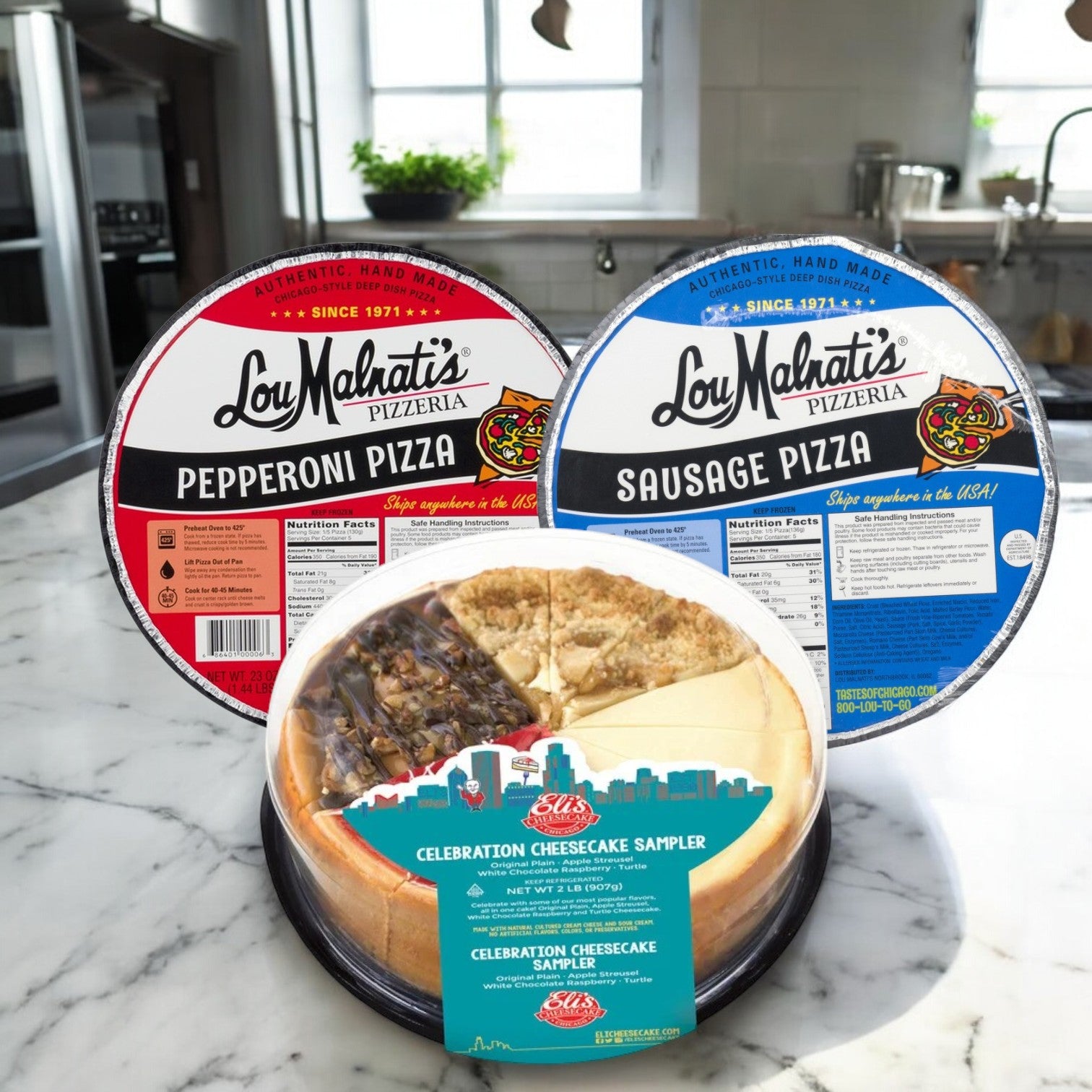 A Chicago-style feast awaits on the marble countertop: Lou Malnati's Variety Pack featuring a pepperoni and a sausage deep dish pizza alongside Eli's Cheesecake Celebration Sampler, with a cozy kitchen scene in the background.
