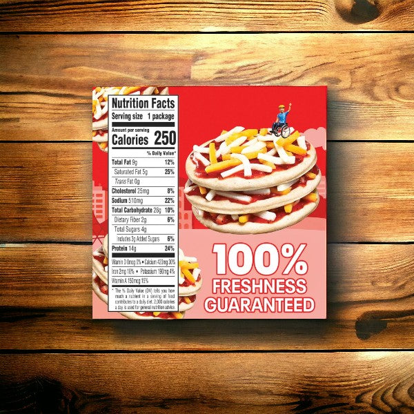 A food package on a wooden surface features a stack of pancakes with toppings, nutritional facts on the left, and "100% Freshness Guaranteed" on the right. Additionally, the package highlights mini pizzas for convenient meals alongside classic Lunchables Extra Cheesy Pizza options from the 4.2 oz., 5-Pack Bundle by Lunchables.