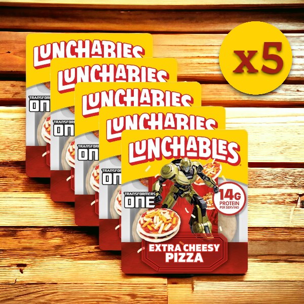 Five packs of Lunchables Extra Cheesy Pizza, each 4.2 oz., are displayed on a wooden surface with a "x5" icon in the upper right corner. The mini pizzas make for convenient meals and are made even more exciting with a Transformers promotion.