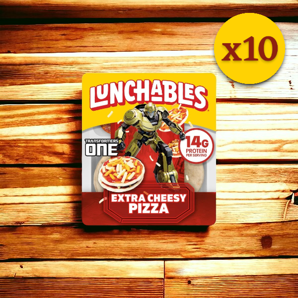 A package of Lunchables Extra Cheesy Pizza, 4.2 oz., from the 10 Pack Bundle, featuring a "Transformers One" character and offering 14 grams of protein per serving. The image also highlights its convenient packaging with a "x10" label in the top right corner.