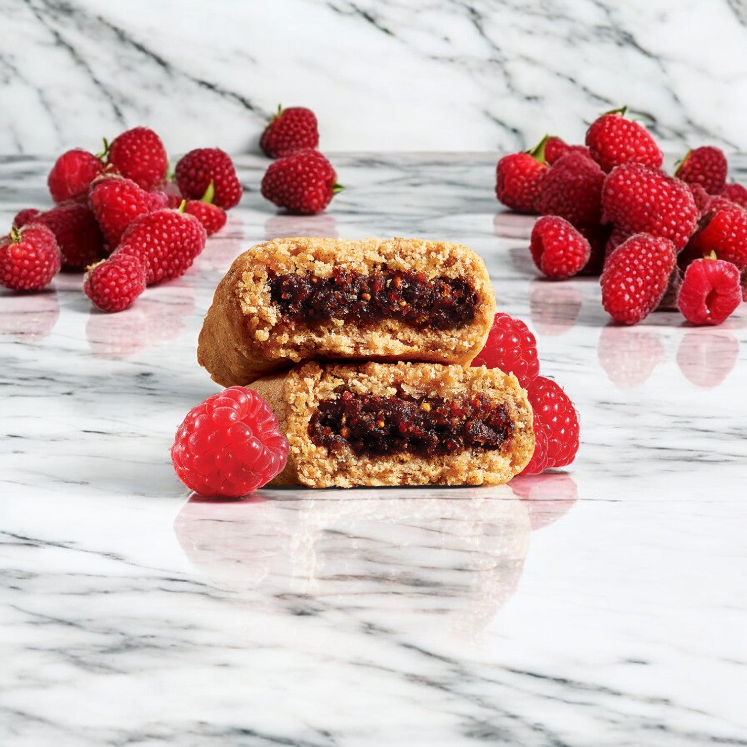 A Nature's Bakery Raspberry Fig Bar, rich with fig paste filling, rests on a marble surface with scattered fresh raspberries and delicate dustings of whole wheat flour surrounding it.