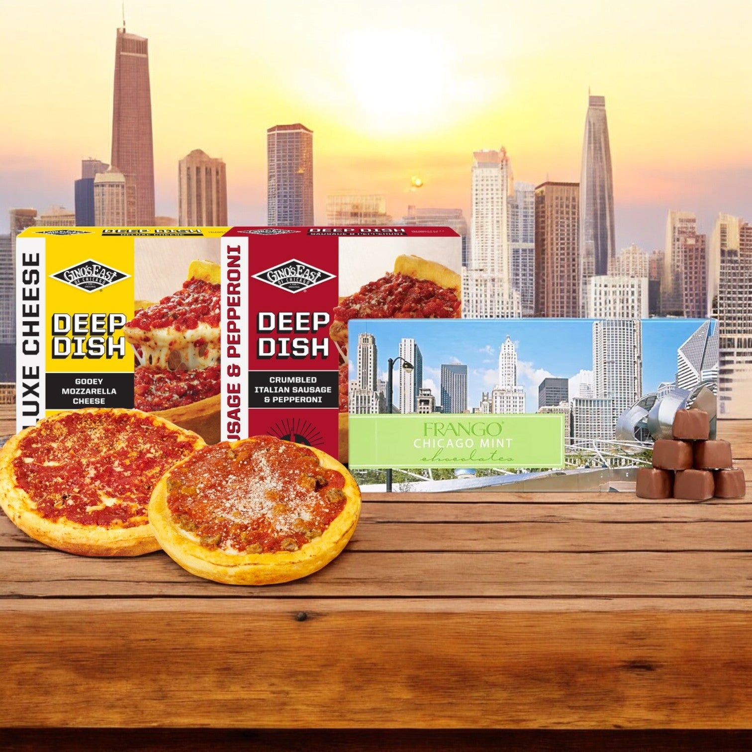 Gino's East and Frango Mints! 3 Pack Combo sits against a scenic city skyline at sunset.