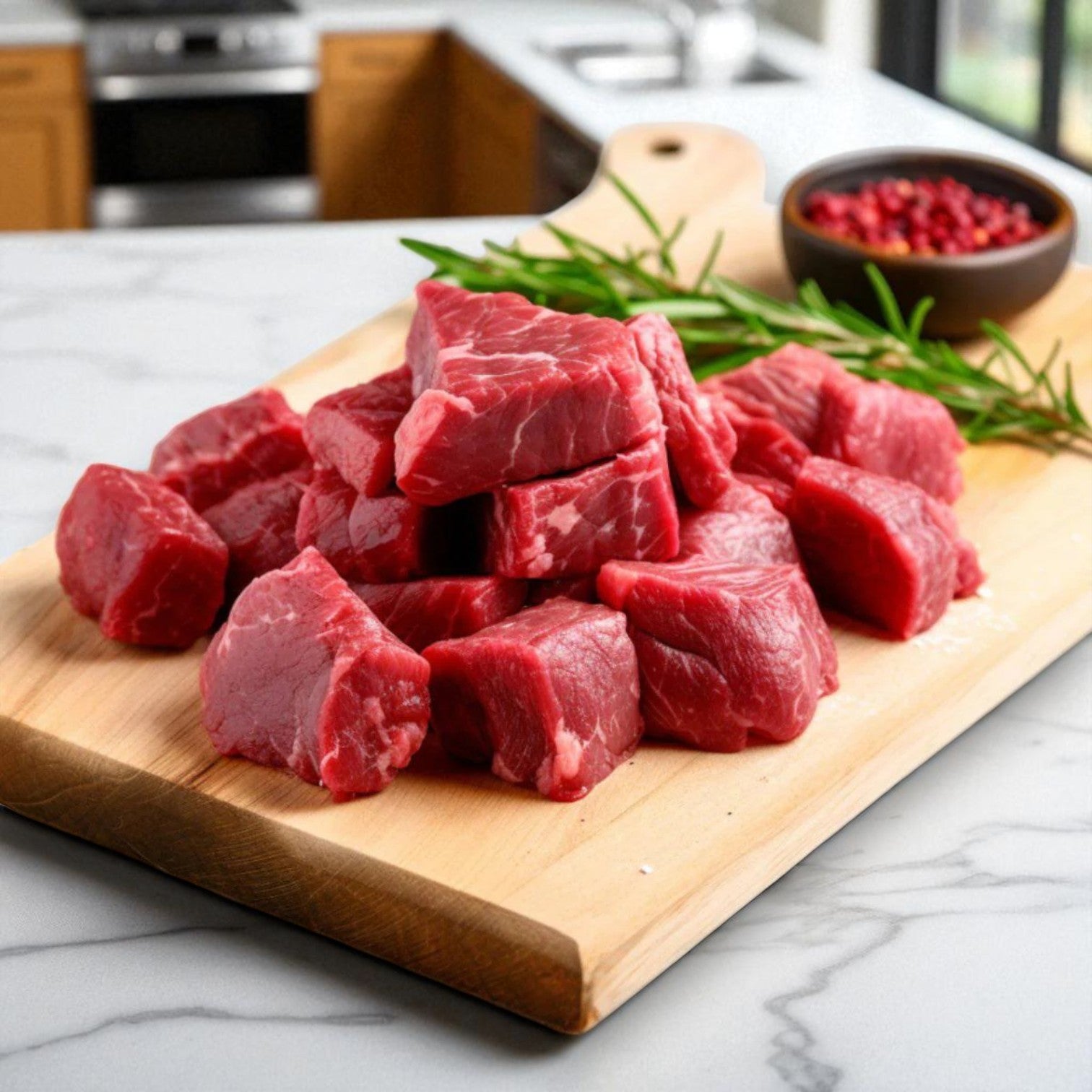 Halal Fresh Diced Beef Kabobs, 1x1x2 – Approx. 5 lb by Restaurant Depot are arranged on a cutting board with rosemary and red peppercorns—ideal for meal prep or pairing with Halal chicken breasts.