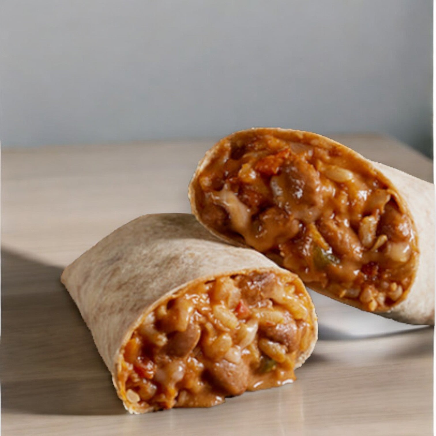 An Amy's Kitchen Southwestern Burrito, cut in half to reveal a filling of pinto beans, rice, cheese, and vegetables alongside fire-roasted poblano peppers, resting on a wooden surface.