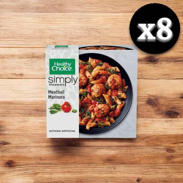 A Healthy Choice Simply Steamers Meatball Marinara, 10 oz. - 1 Count package placed on a wooden surface, with an "x8" icon indicating a quantity of eight packs, makes for an easy microwaveable meal option.