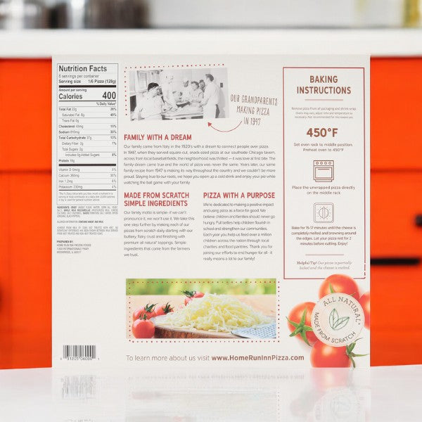 Featured on each Home Run Inn Pizza Variety Pack box is our family's story, emphasizing the natural ingredients that ensure every bite is memorable. For a flawless classic cheese pizza experience, follow our straightforward instructions to bake at 450°F and relish in the quality ingredients with every indulgence.