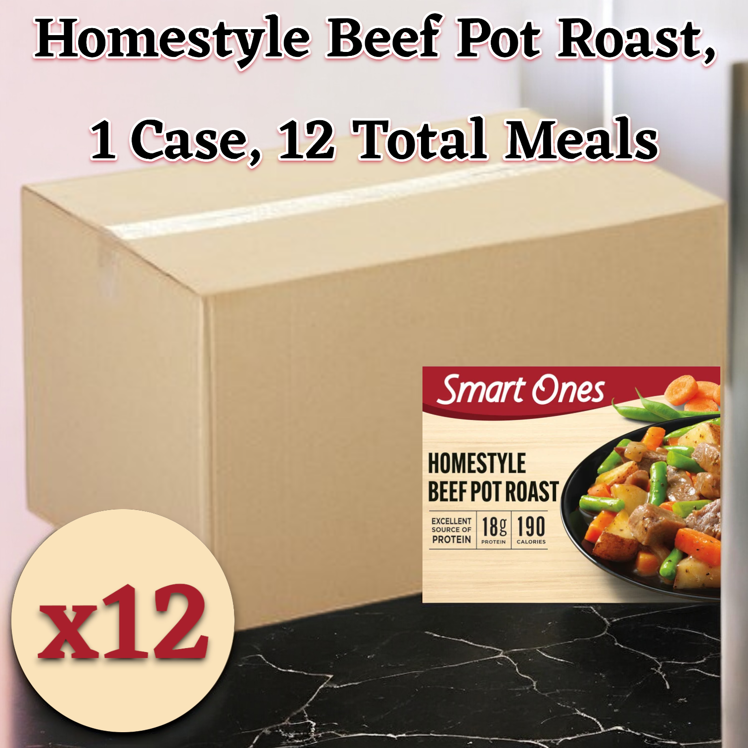 A cardboard box labeled "Smart Ones Beef Pot Roast with Carrots, Onions, Potatoes, Green Beans & Gravy, 9 oz. - 1 Case, 12 Pack" features an image of the Smart Ones Homestyle Beef Pot Roast package in the foreground. An "x12" symbol is also present, highlighting this savory gravy microwaveable meal.