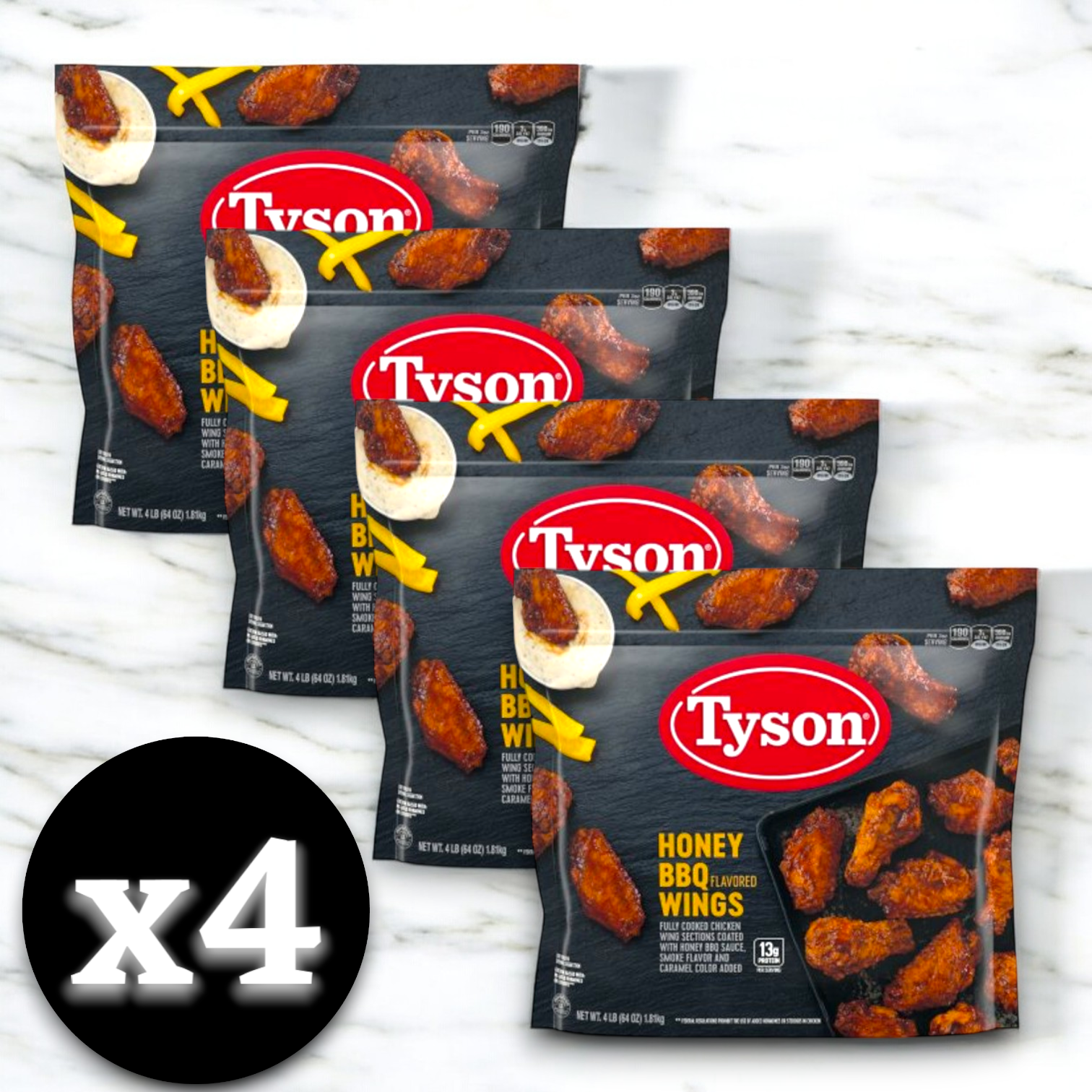 Image of four bags of Tyson Honey BBQ Flavored Wings, 64 oz., neatly arranged against a marble background. A black circle graphic in the bottom left corner displays "x4," emphasizing the irresistible smoky flavor of these Tyson chicken wings.