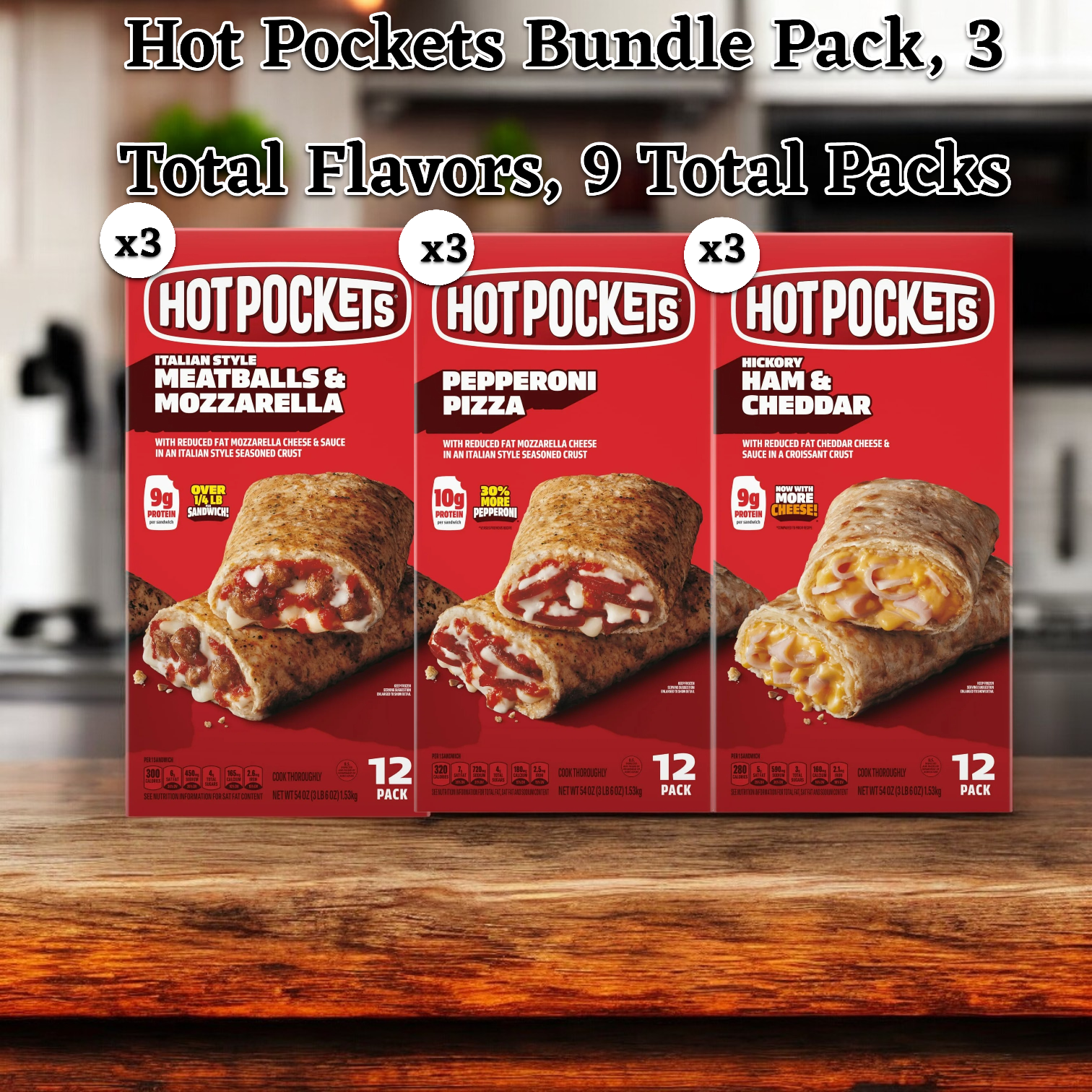 Image of a Hot Pockets Bundle Pack advertisement showcasing three delectable flavors from the Hot Pockets brand: Meatballs & Mozzarella Cheese, Pepperoni Pizza, and Ham & Cheddar Croissant Crust. Each flavor includes three boxes, totaling nine boxes in all.