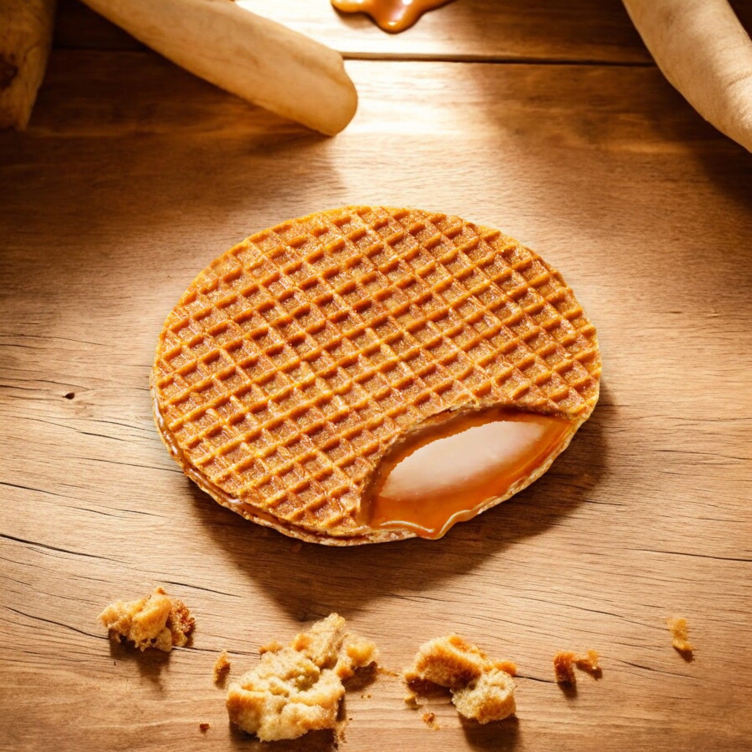 A Daelmans Individually Wrapped Caramel Stroopwafel - 2.75 oz - 1 Count, with a bite taken out of it, sits on a wooden surface, crumbs scattered around. This Dutch delight reveals its gooey caramel filling where the bite was taken, showcasing its natural ingredients.