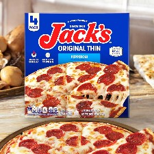 Image of a Jack's Original Thin Pepperoni Frozen Pizza box with a hot, baked thin crust pepperoni pizza in the foreground. The packaging proudly displays "4 Pack" at the top left, making it clear you're getting multiple servings of this delicious frozen pizza from Jack's.