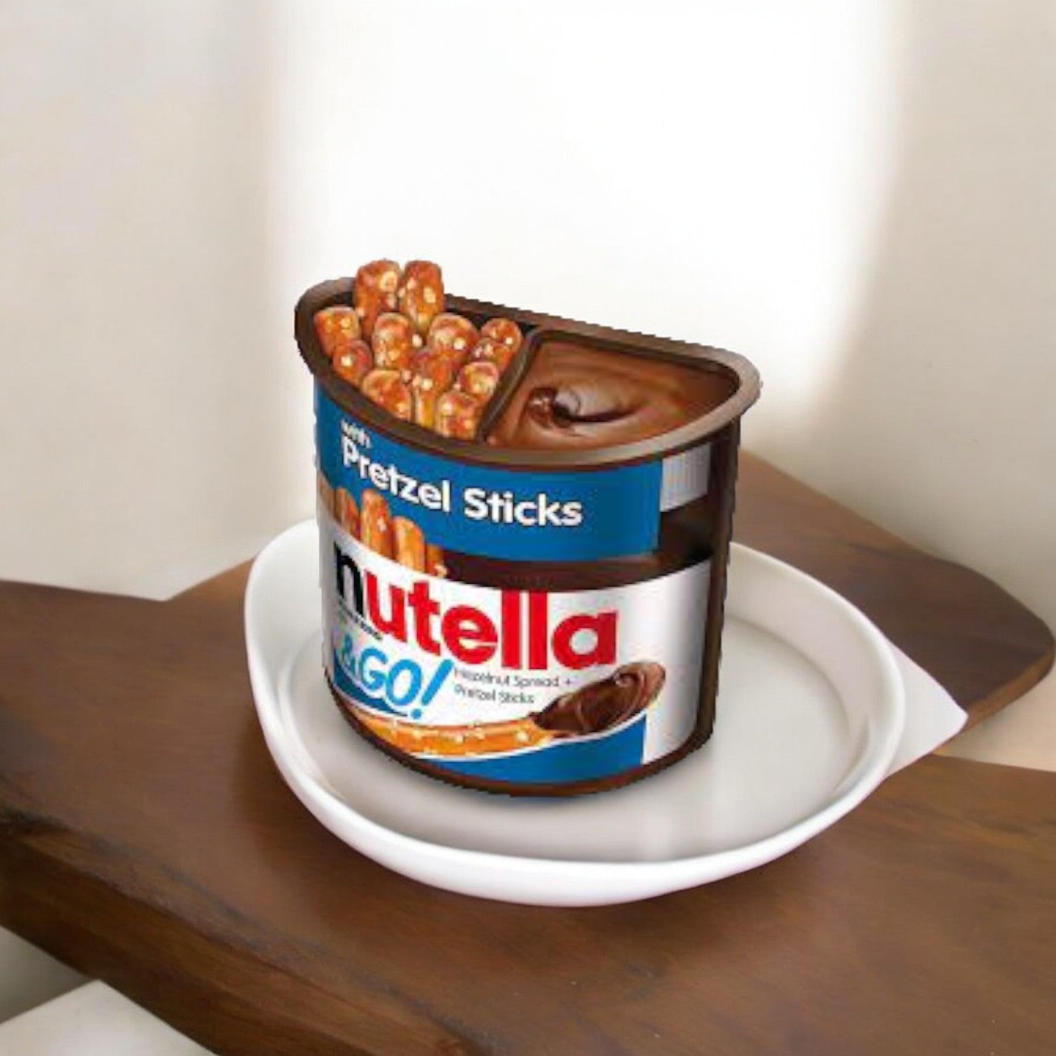 A container of Nutella & GO! Hazelnut and Cocoa Spread with Pretzel Sticks on a white plate, placed on a wooden surface.