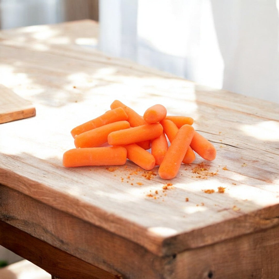 A pile of Bolthouse Farms Baby Cut Peeled Carrots, 1.6 oz., sits on a wooden table surrounded by crumbs, offering a healthy snack rich in dietary fiber.