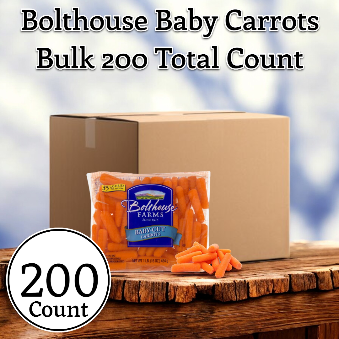 A package of Imperial Fresh baby-cut peeled carrots is displayed next to a cardboard box. Text reads, "Carrots Baby Cut Peeled, 1.6 oz.- 200 Count" and "200 Count." These naturally nutritious and healthy snack carrots are scattered in front.