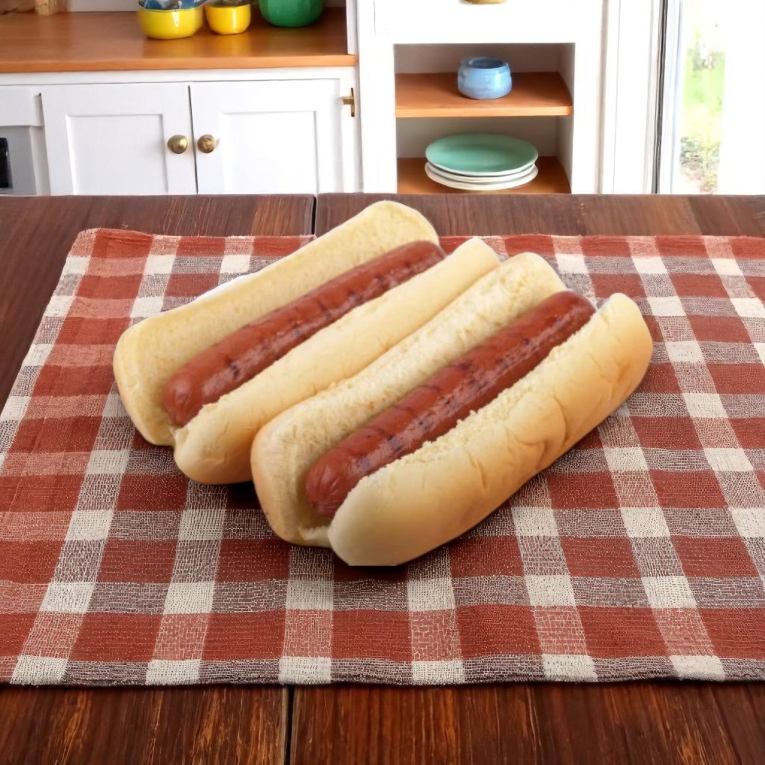 Three plain hot dogs made with Vienna Beef Halal Skinless Beef Frank 6” 5:1 are served in buns on a red and white checkered cloth atop a wooden table, with shelves and dishes visible in the background.