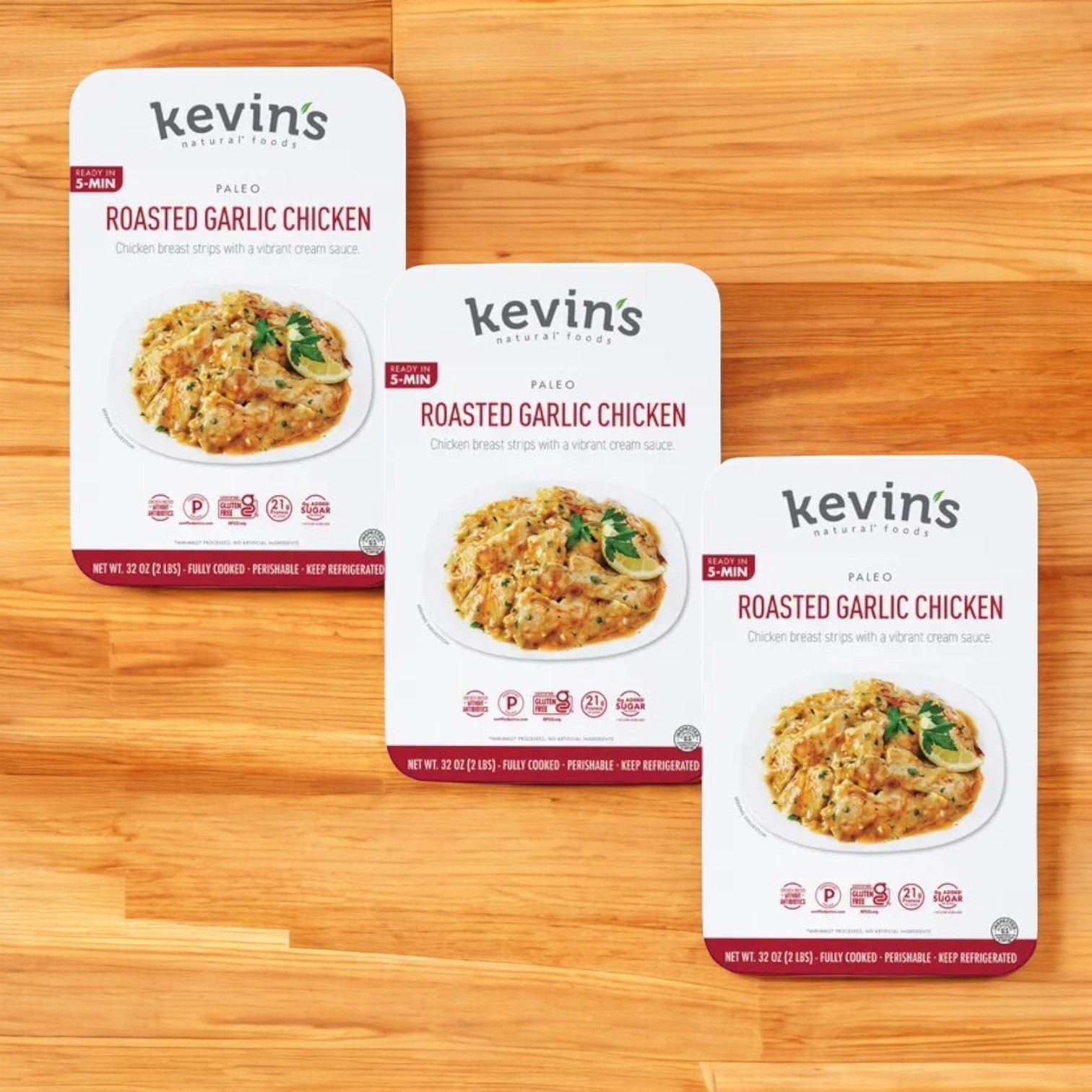 3 Kevin's Natural Foods Roasted Garlic Chicken, 32 oz.
