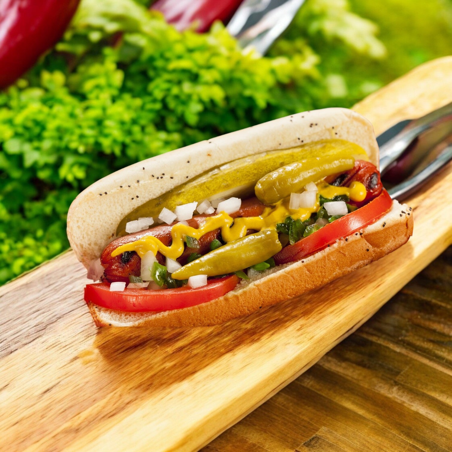 A Red Hot Chicago Natural Casing Beef Frank rests on a wooden board, adorned with mustard, onions, pickles, tomatoes, and relish against a backdrop of green leaves.