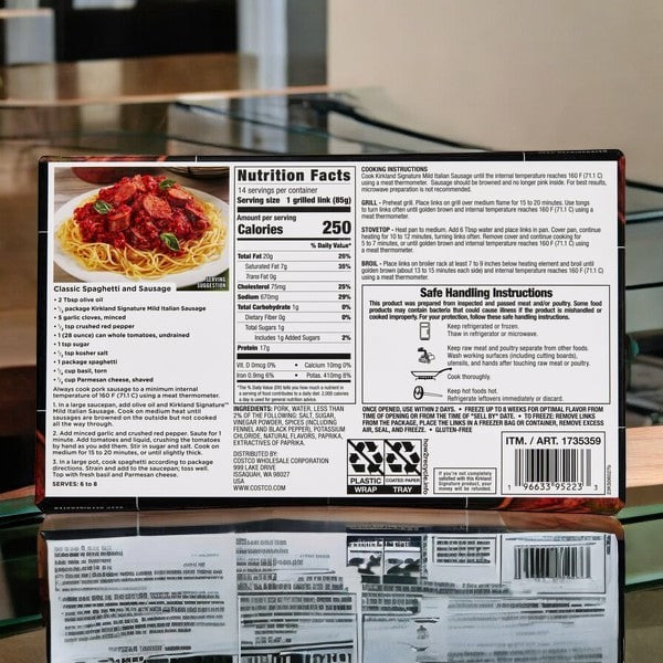 A frozen meal box of Kirkland Signature Mild Italian Sausage-1 Count with premium pork nutrition facts, cooking instructions, and safe handling guidelines on the back label.