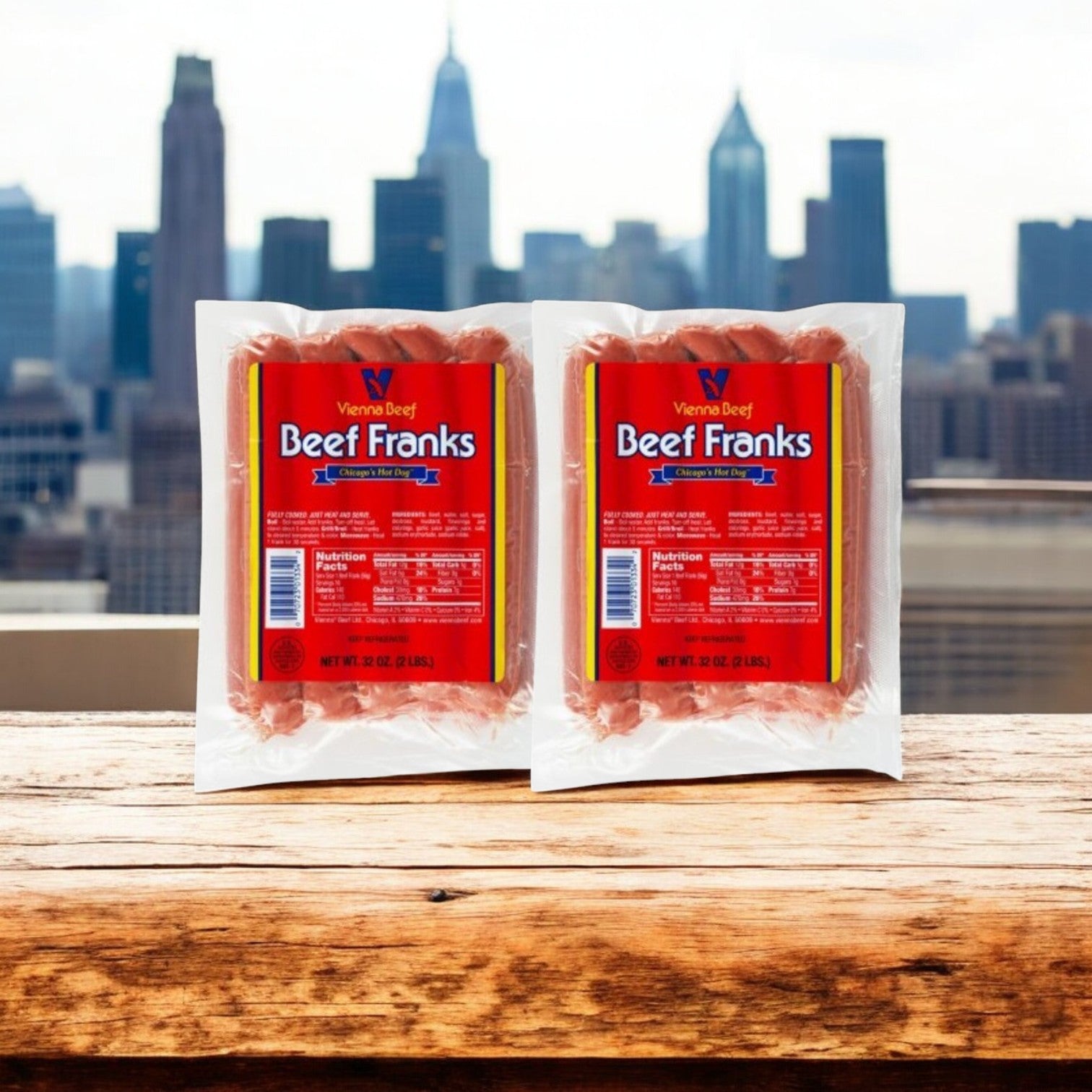 On a wooden surface, two packs of Vienna Beef Franks and Sesame Buns evoke the authentic Chicago hot dog spirit with a city skyline backdrop.