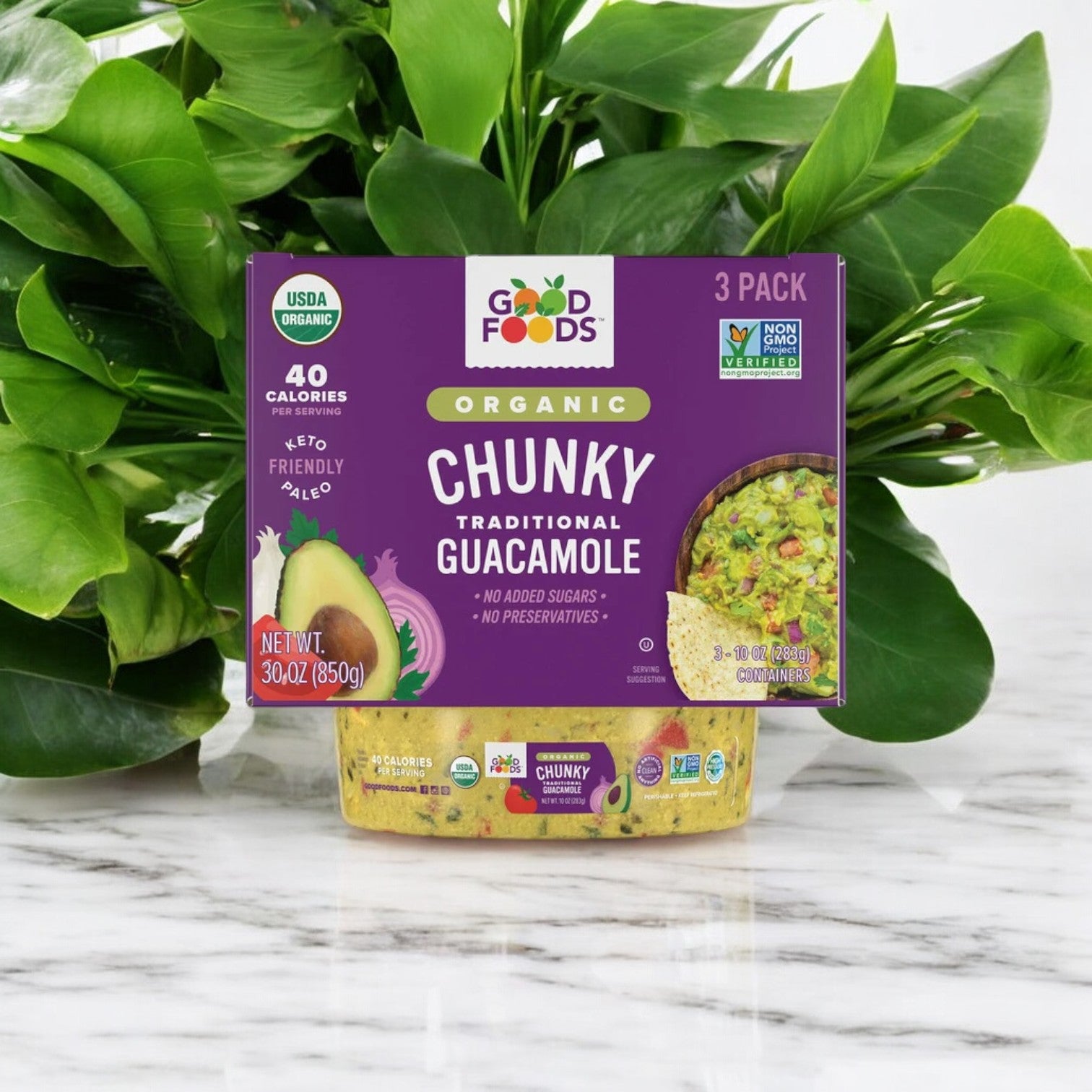 Displayed is a package of Good Foods Organic Chunky Guacamole, 10 oz, 3 Count - 1 Pack, known for its nutrient-rich Hass avocados and featuring keto-friendly and non-GMO labels.