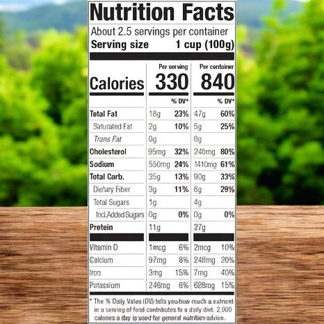 A nutrition facts label on a wooden surface shows the values for calories, fats, cholesterol, sodium, carbs, protein, and vitamins per serving and per container of Cappello's Penne Pasta - 1 Count.