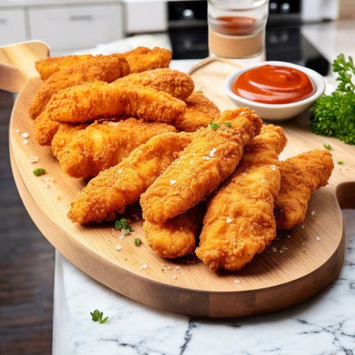 A wooden platter displays Garden Valley Breaded Original Mild Halal Chicken Wings, fully cooked, with crispy breading and garnished with parsley, accompanied by small bowls of dipping sauces on a marble countertop.