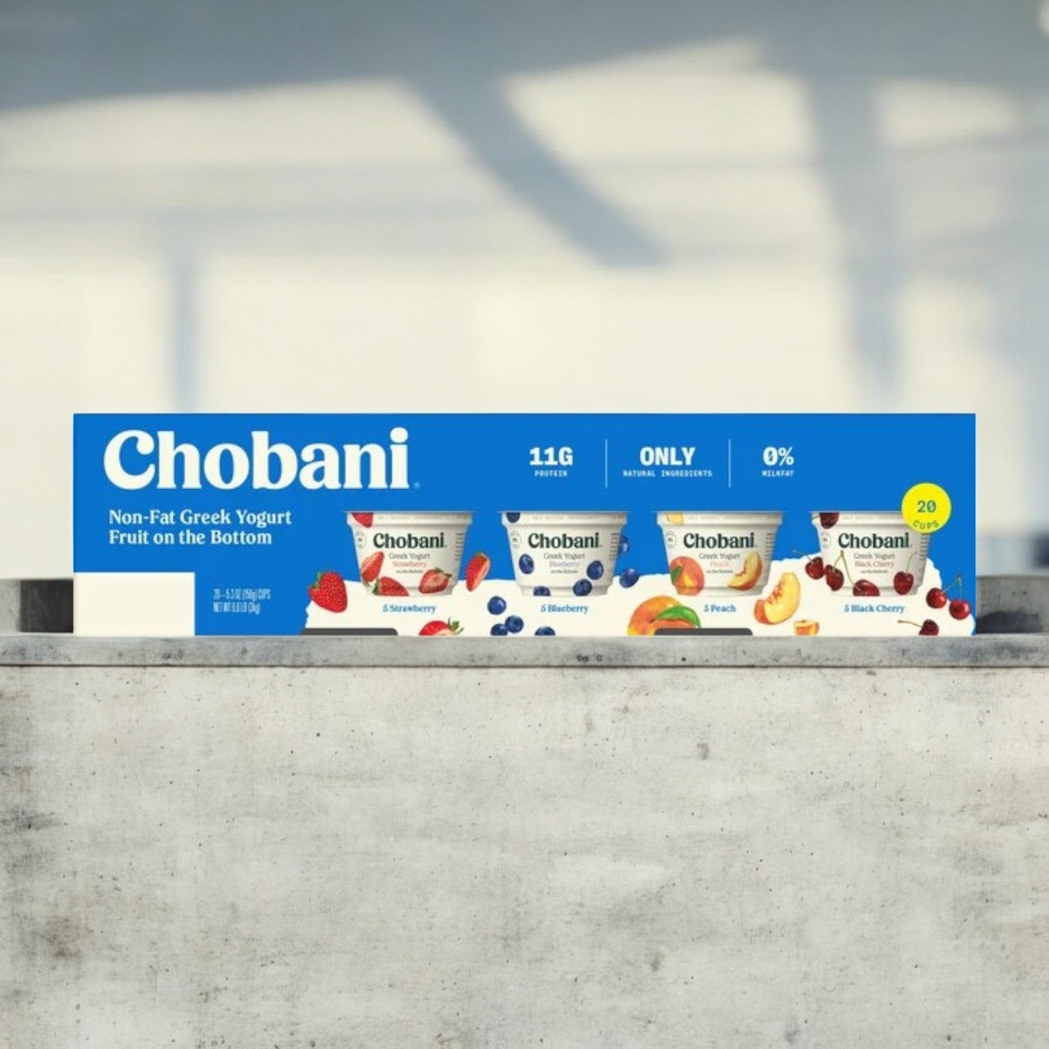 The Chobani Greek Yogurt Variety Pack includes 20 non-fat, 5.3 oz servings with flavors like strawberry, blueberry, peach, and black cherry. It offers 11g protein per serving without added sugar for a wholesome treat.