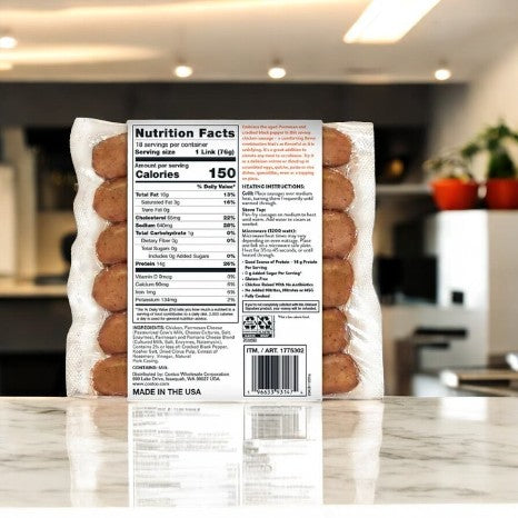 Kirkland Signature's Parmesan Black Pepper Chicken Sausage features visible nutrition facts and heating instructions, offering a protein-packed meal with a kitchen setting in the background.