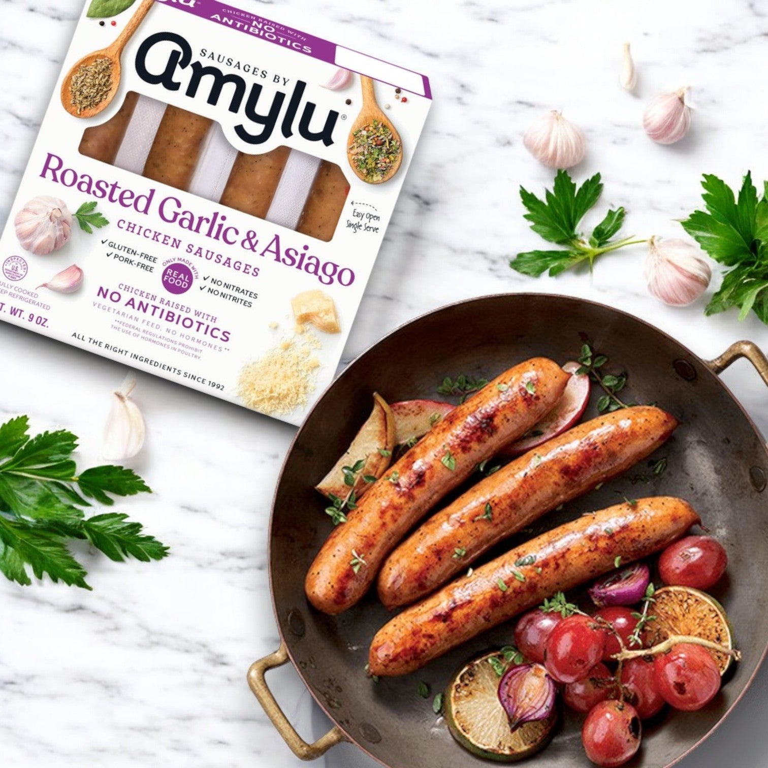 Amylu Roasted Garlic & Asiago Chicken Sausage - 3 Packs