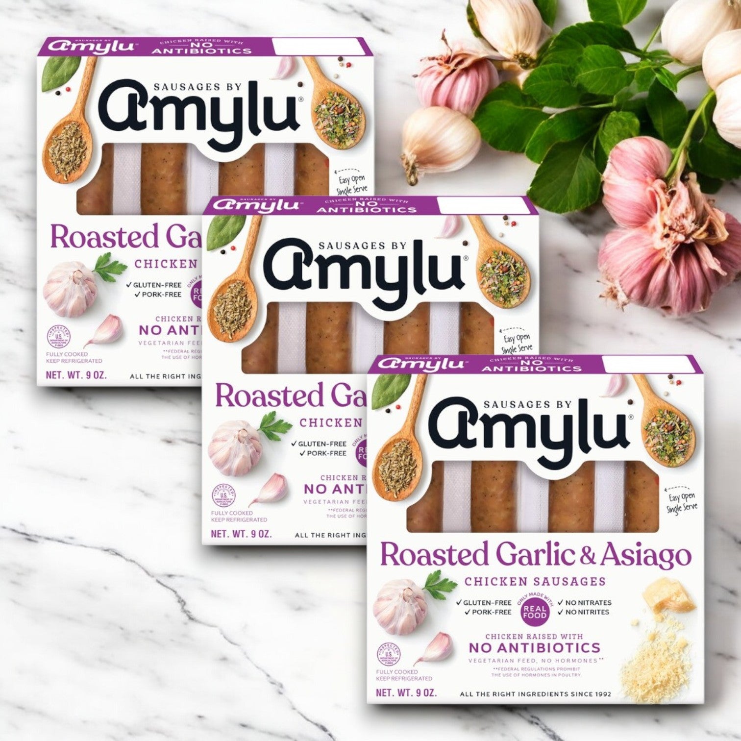 Amylu Roasted Garlic & Asiago Chicken Sausage - 3 Packs