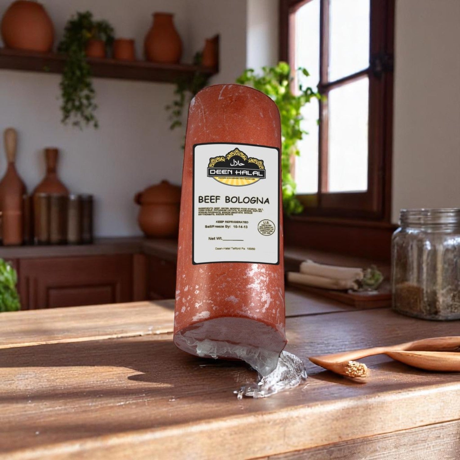 A Deen Halal Beef Bologna – Approx. 10.0 lb Each from Deen Halal rests unwrapped on a wooden kitchen counter, sunlight shining through the window, emphasizing its authentic flavor and quality.
