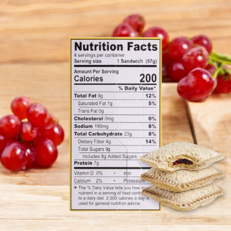 Nutrition facts label for SunButter Jammies Sandwiches, Sunflower Butter & Grape Jelly with 200 calories per serving, surrounded by red grapes and crustless sandwiches filled with dark sunflower butter filling.