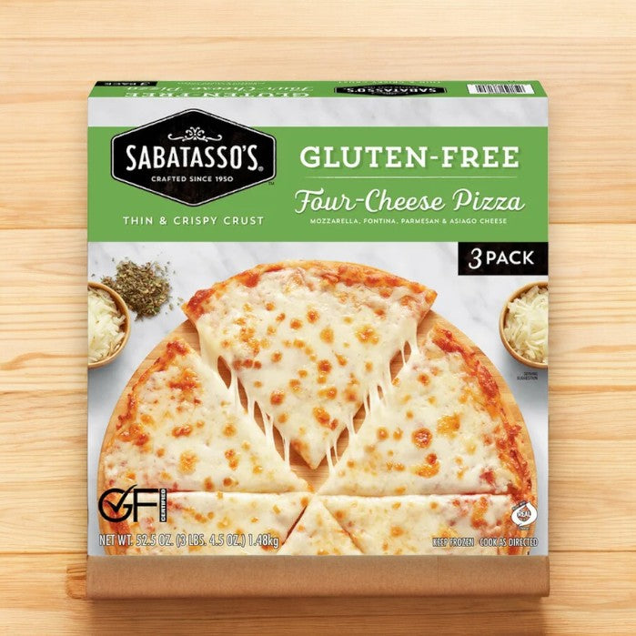 A box of Sabatasso's Four Cheese Pizza, 3-Pack, boasts a thin and crispy crust and comes with three pizzas per pack, each topped with a delicious blend of mozzarella, fontina, parmesan, and asiago cheeses.