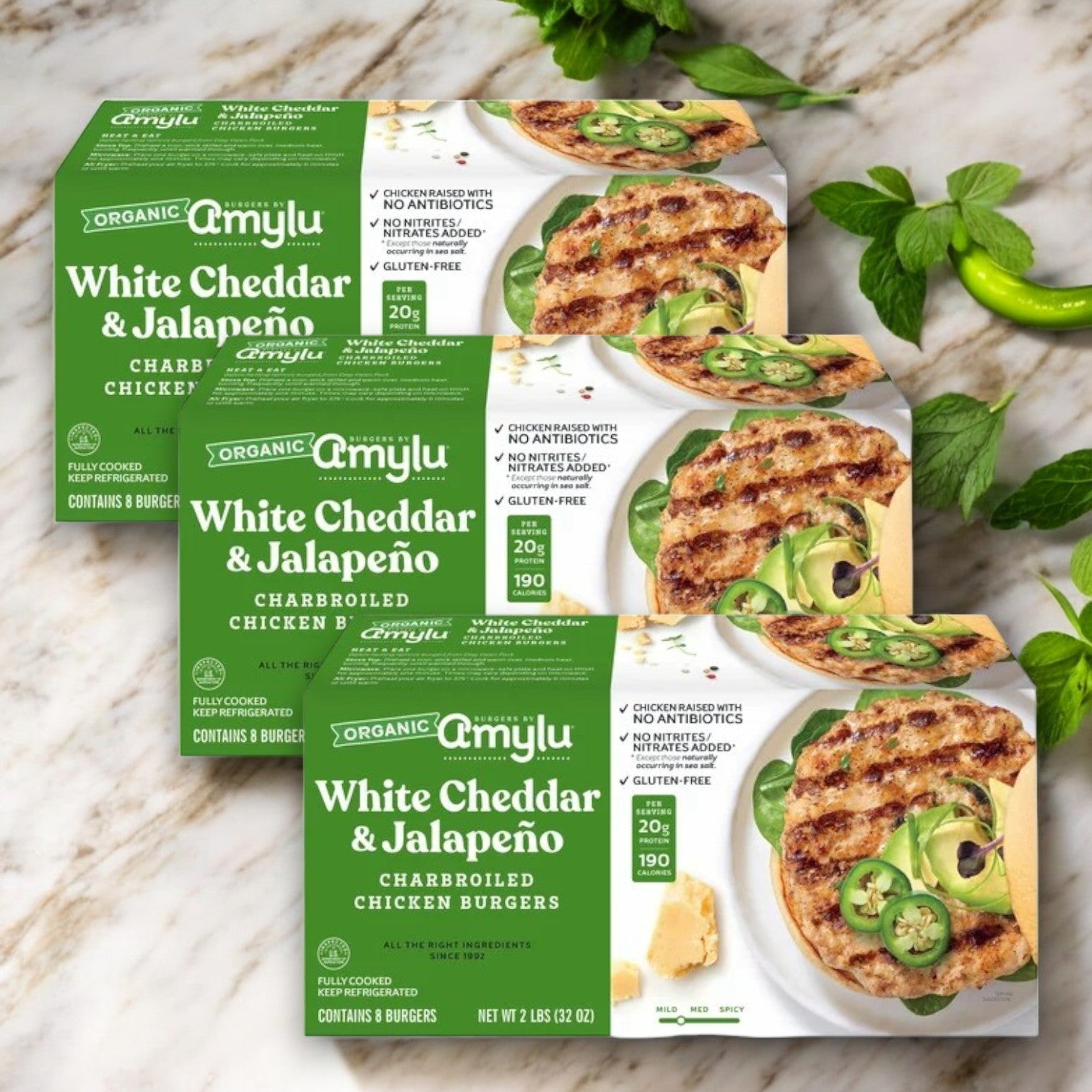 Amylu Organic White Cheddar & Jalapeno Chicken Burger – 24-Count, 32 oz