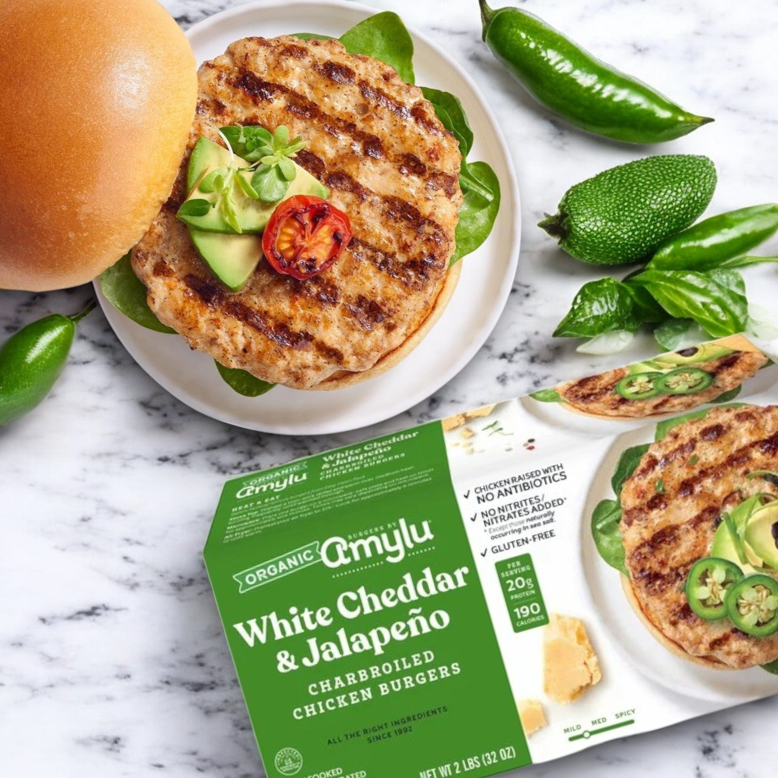 Amylu Organic White Cheddar & Jalapeno Chicken Burger – 24-Count, 32 oz